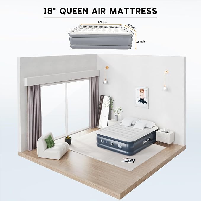 nalone Air Mattress Queen with Built in Pump, 18'' Raise Luxury Inflatable Mattress, 2026 Upgraded Fast Blow Up Mattress with Carry Bag, Portable Air Bed for Home, Travel & Camping, 690lbs Max