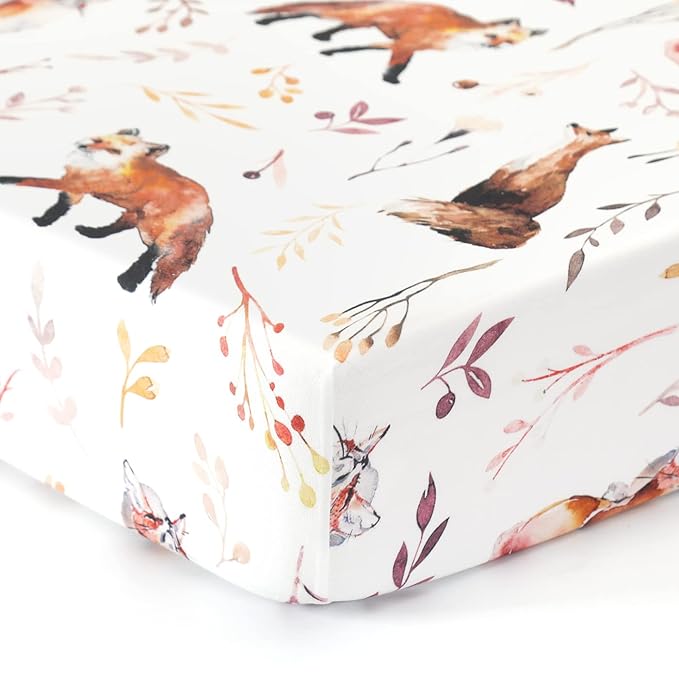 Stretch Ultra Soft Jersey Knit Fitted Crib Sheets Set 2 Pack,Fits All Standard Crib Mattress Pads Safe and Snug, Crib Fitted Sheet for Baby, Pretty Fox for Girls