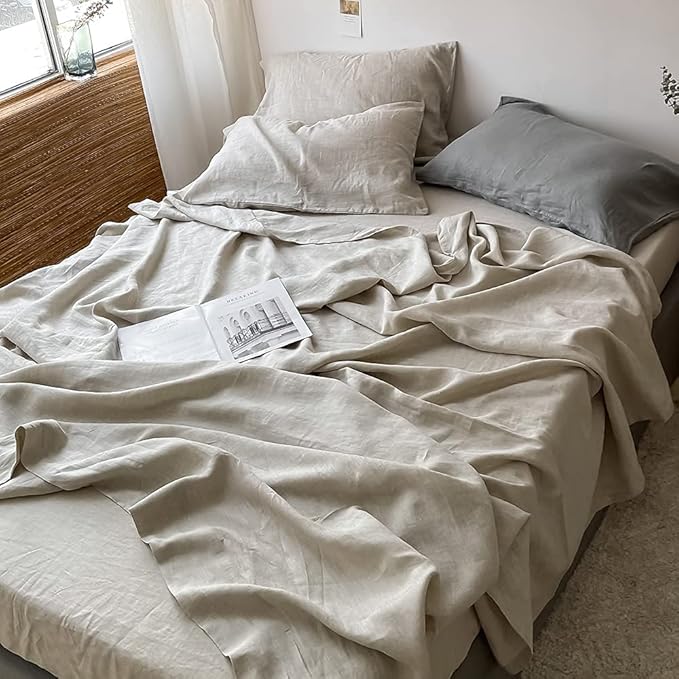 Simple&Opulence Washed Linen Bed Sheet Set Basic Style 4 Pieces (1 Flat Sheet & 1 Fitted Sheet & 2 Pillowcases) 100% Natural French Flax Soft Breathable Farmhouse Bedding (King, Linen)