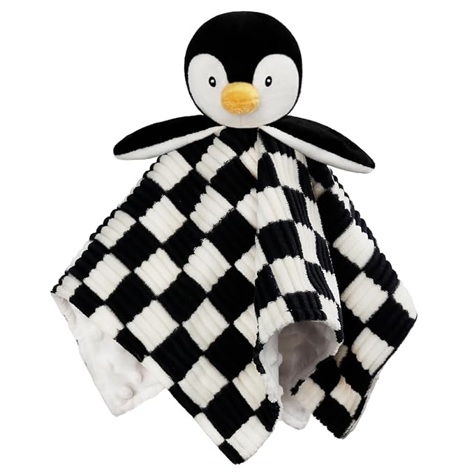 Baby Lovey Blanket for Boys Girls Super Soft Checkerboard Gingham with Minky Dot Fabric Backing Penguin Stuffed Animal Lovely Snuggle Toy Black 14 Inch