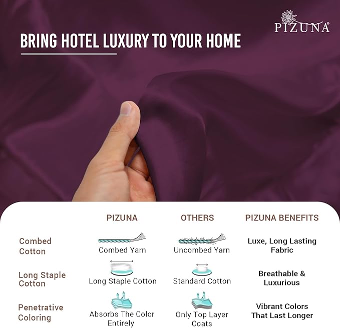 Pizuna Pure 100% Cotton Sheets California King Size, Luxurious 400 Thread Count Long Staple Cotton Sateen Sheets California King with 15" Deep Pocket (Combed Berry Plum Cotton Sheets California King)