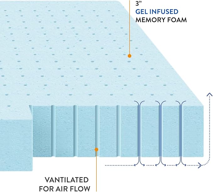 Best Price Mattress 3 Inch Ventilated Memory Foam Mattress Topper, Cooling Gel Infusion, CertiPUR-US Certified, Dorm Essentials, Twin XL
