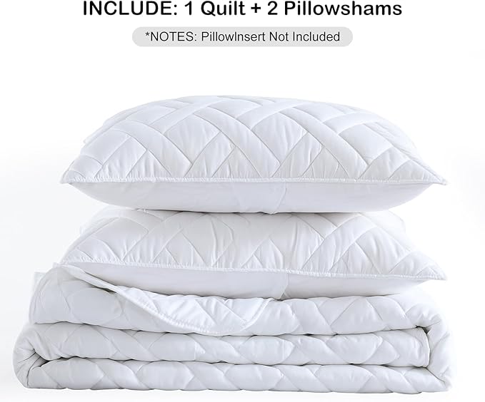 HORIMOTE HOME Quilt Set Queen Size White, Classic Geometric Diamond Stitched Pattern, Ultra Soft Microfiber Lightweight Bedding Set Bedspread Coverlet for All Season (1 Quilt and 2 Pillow Shams)