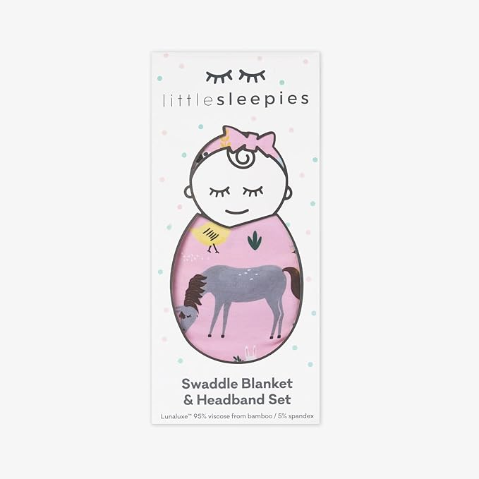 Little Sleepies Swaddle & Headband Bow Set, Viscose from Bamboo Baby Swaddles, Newborn Baby Girl Clothes (Luxe Pink Farm Animals)