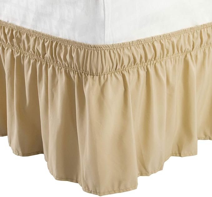 Wrap Around Bed Skirts Elastic Dust Ruffles, Easy Fit Wrinkle and Fade Resistant Silky Microfiber Fabric Solid Color Bedskirt, 12 Inch Tailored Drop Taupe for Olympic Queen Size Bed Skirt