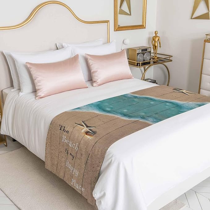 Coastal Ocean Starfish and Shell Sand Bed Runners for Bedroom Hotel,Decorative Bedding Scarf The Beach is My Happy Place Bed End Blanket Bedding Runner Scarves for Twin Size Bed,71x20in