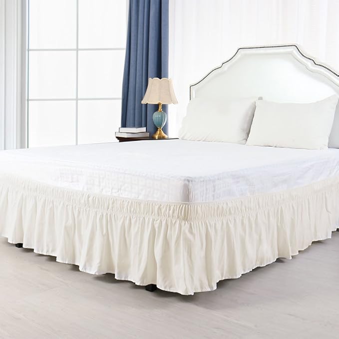Bed Skirt - Wrap Around Bed Skirts Elastic Dust Ruffles, Easy Fit Wrinkle and Fade Resistant Luxurious Fabric Solid Color, Ivory Olympic Queen Size Beds 15 Inch Drop