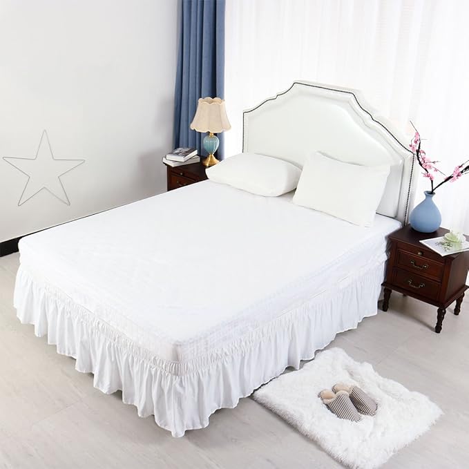 Bed Skirt - Wrap Around Bed Skirts Elastic Dust Ruffles, Easy Fit Wrinkle and Fade Resistant Luxurious Fabric Solid Color, White Twin XL Size Beds 15 Inch Drop