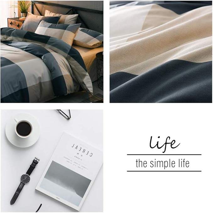 mixinni Full Size Checkered Duvet Cover Set - 3 Piece Grey Geometric Cotton Bedding Set with Zipper Closure & Corner Ties, 100% Washed Cotton Soft Breathable Duvet Cover for Men, Women, Teens (Full)