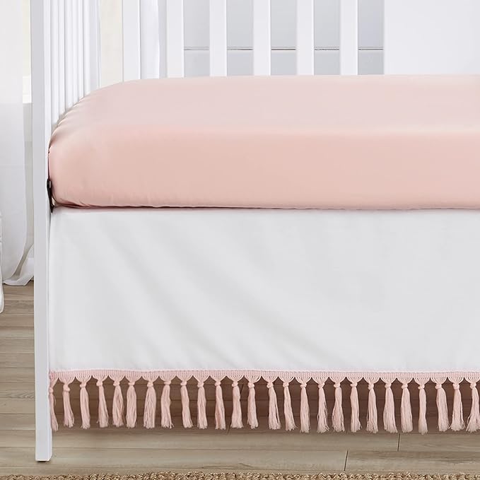 Sweet Jojo Designs 4-Piece Baby Crib Bedding Set (100% Cotton Bohemian Pink) for Girls, Infants/Nursery incl. Blanket, Fitted Sheet, Skirt, Diaper Stacker (Farmhouse, Shabby Chic, Modern, Minimalist)