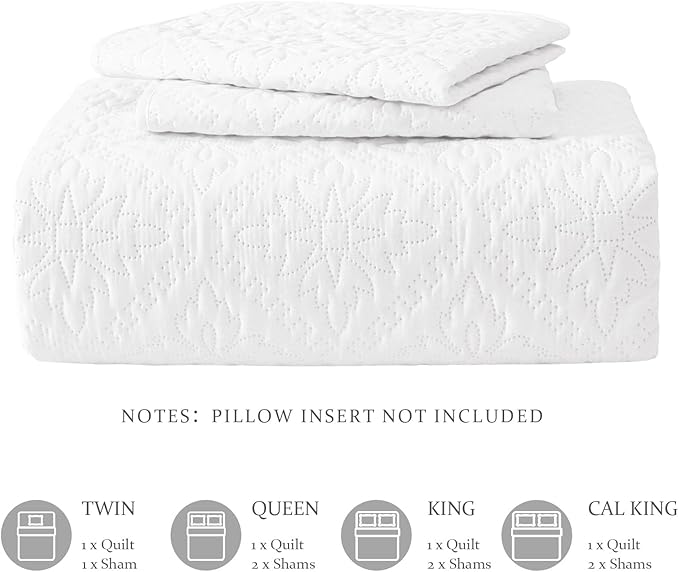 Exclusivo Mezcla California King Quilt Bedding Set, Lightweight Soft Bedspreads Coverlets with 2 Pillow Shams, Modern White Oversized Quilts King Size for All Seasons