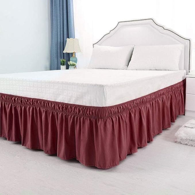 Bed Skirt - Wrap Around Bed Skirts Elastic Dust Ruffles, Easy Fit Wrinkle and Fade Resistant Luxurious Fabric Solid Color, Burgundy RV King Size Beds 15 Inch Drop