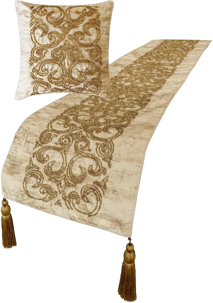 The HomeCentric King/Queen/Twin Gold Designer CA King 86"x18" Bed Runner with Pillow Cover, Foil & Hand Beaded Embroidery Bed Scarf on Jacquard Fabric - Ornamento Oro