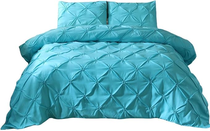 Feelyou Bedding Pinch Pleated Duvet Cover Set Twin Aqua Blue Pintuck Tufted Design Microfiber Polyester Bedding Sets Luxury Comforter Cover with 1 Pillow Shams, 2 Pieces