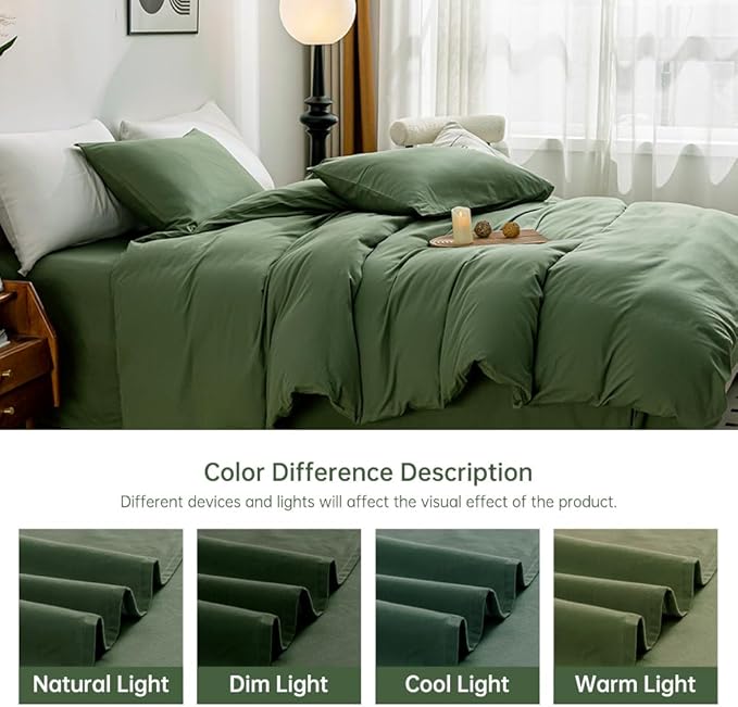 JELLYMONI Green Duvet Cover Twin Size - 100% Washed Cotton Linen Feel Textured Comforter Cover, 2 Pieces Breathable Soft Bedding Set with Zipper Closure (Green, Twin 68"x90")