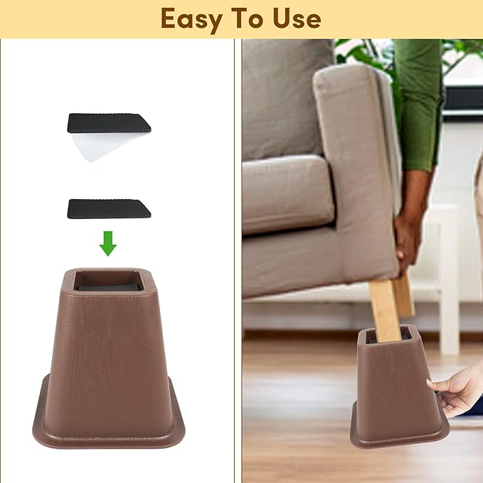 DEDU Bed Risers 6 Inch Heavy Duty 4 Pack, Furniture Risers for Sofas Oversized, Couch Risers with Non-Slip Pad Supports Up to 2200 Lbs for Bed, Desk, Chair (Tobacco)