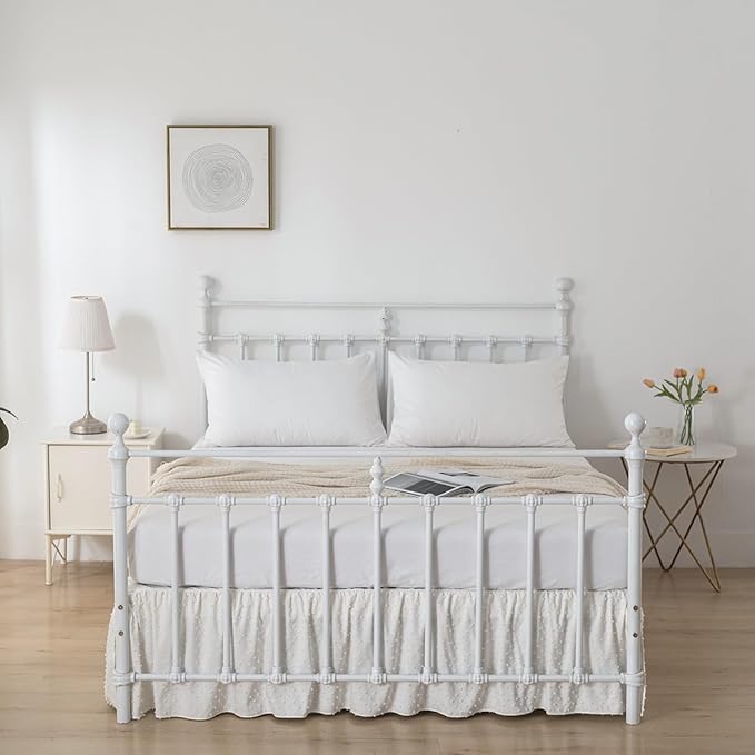 Tufted Dot Bed Skirt Full Size Ruffled Bed Skirt with Split Corners, 18 Inch Drop Dust Ruffle Bed Skirts with Platform, Ivory
