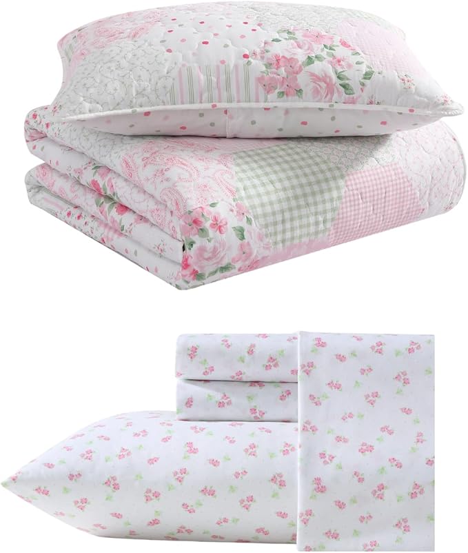 Laura Ashley - Twin Bedding Bundle, Reversible Toddler Comforter with Matching Sham, Throw Pillow, & Stain-Resistant Sheet Set, Ideal Girl Room Essentials (Pink)