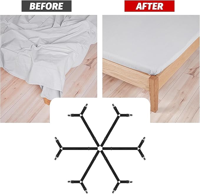 6 Ways Heavy Duty Sheet Holders Keep Sheets Firm and Tight - Sheet Clips, Bed Sheet Holders for Corners, Mattress Straps to Hold Sheets in Place, Bed Sheet Clips (Black, 6 Way Bed Straps)