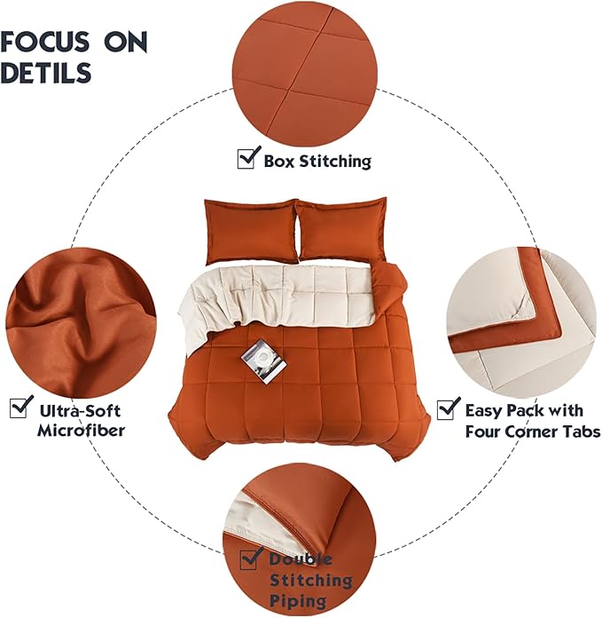 HIG 3pc Burnt Orange King Size Comforter Set - All Season Reversible Down Alternative Comforter with Sham - Quilted Duvet Insert with Corner Tabs - Box Stitched - Breathable, Soft, Fluffy