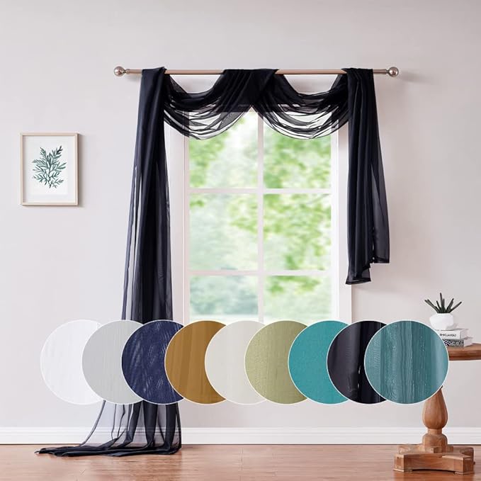 Extra Long 56" (W) x 288" (L) (24 Feet) Black Sheer Window Scarf. Voile Window Treatments are Perfect As Valance Scarves, Bed Canopy Scarfs Or Wedding Decorations. AMA 56" x 288" Black