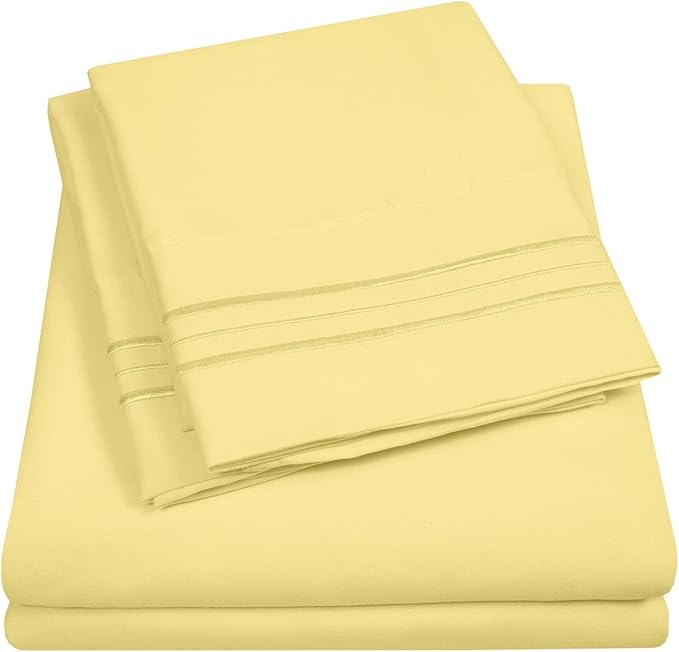 Split King Size Size Sheet Set with Built-in Sheet Straps - Deep Pocket Fitted Sheet, Flat Sheet & Pillowcases - Soft, Wrinkle-Free, Secure Fit - Pale Yellow