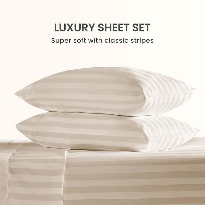 SLEEP ZONE Striped Cooling Queen Sheets Set - Fitted Flat Sheet & Pillowcase Sets 4 Piece - Super Soft Stripe Bed Sheet, Easy Care, Deep Pocket (Beige, Queen)