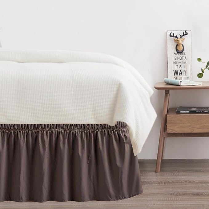 Twin Bed Skirt, Elastic Wrap Around Bed Skirt Twin Size, Bed Skirts for Adjustable Bed, Easy Fit with 14" Drop Length Tailored Drop Dust Ruffle (Brwon)