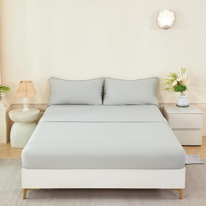 PERFEMET Light Grey Bedding 5 Pcs Full Size Bed in a Bag Set Pom Pom Fringe Boho Comforter with Sheets Ultra Soft Fluffy Down Alternative Solid Bedding Set for Boys Girls(Light Grey, Full)