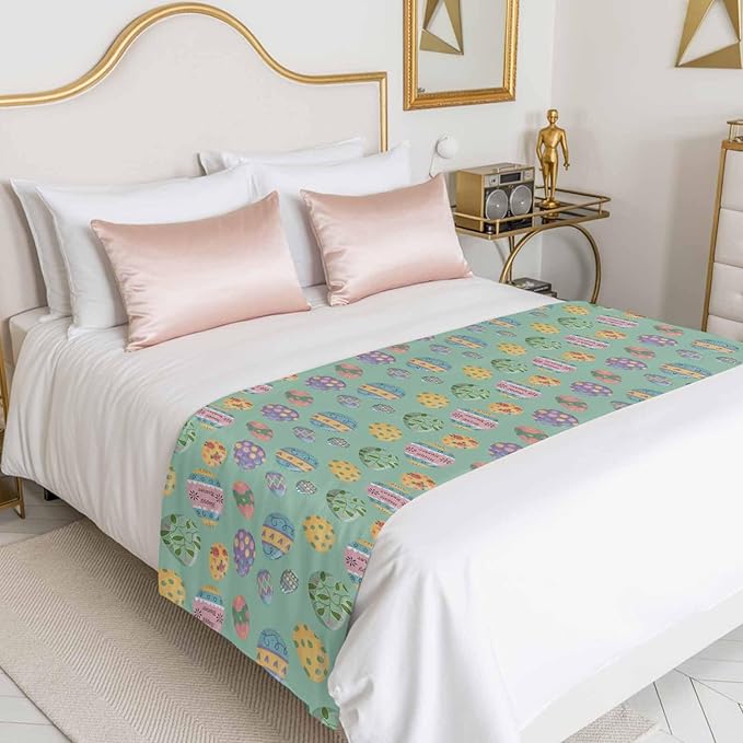 Happy Easter Eggs Bed Runners for Bedroom Hotel,Decorative Bedding Scarf Seamless Colorful Egg on Green Bed End Blanket Bedding Runner Scarves for Twin Size Beds,71x20in