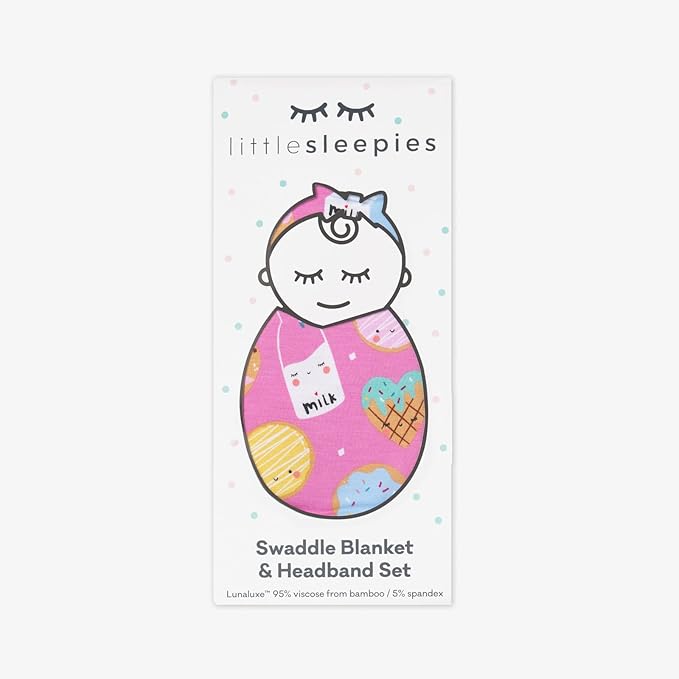 Little Sleepies Swaddle & Headband Bow Set, Viscose from Bamboo Baby Swaddles, Newborn Baby Girl Clothes (Luxe Pink Cookies & Milk)