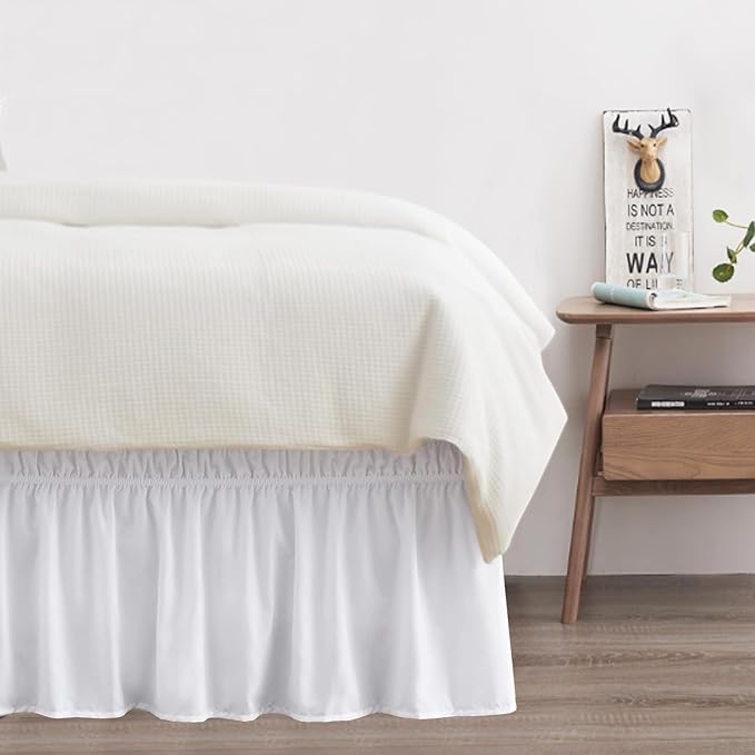 Queen Bed Skirt, Elastic Wrap Around Bed Skirt Queen Size, Bed Skirts for Adjustable Bed, Easy Fit with 18" Drop Length Tailored Drop Dust Ruffle (White)
