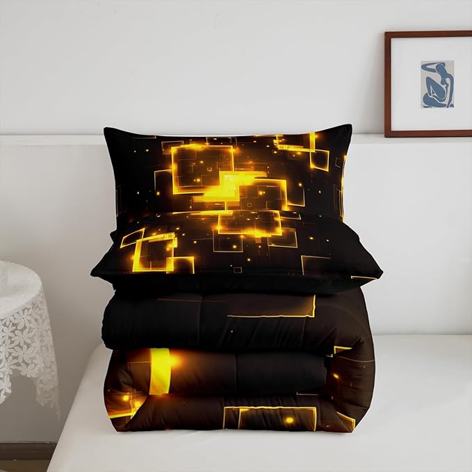 Feelyou Kids Golden Black Geometrics Bedding Set Twin Size, Light Honeycomb Comforter Set Geometrics Comforter for Boys Girls Abstract Duvet Insert Microfiber Bed Set