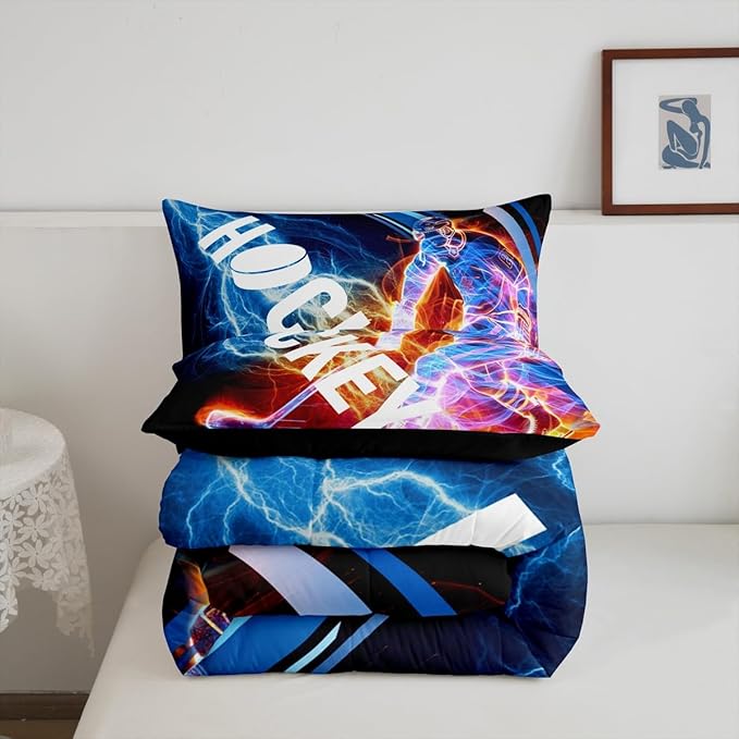 Ice Hockey Comforter Set Full, Puck Hockey Player Bedding Sets for Kids Boys Girls Teens, Red Blue Lightening Duvet Insert, Winter Sports Game Down Comforter Bedroom Decor for All Season, 3 Pieces