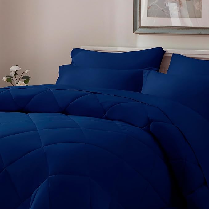 ELNIDO QUEEN® Queen Comforter Set Navy - 7 Pieces Bed in a Bag Queen Size, Bed Set All Seasons, Ultra Soft Dark Blue Bedding Sets with Comforter, Flat Sheet, Fitted Sheet, Pillowcases and Pillow Shams