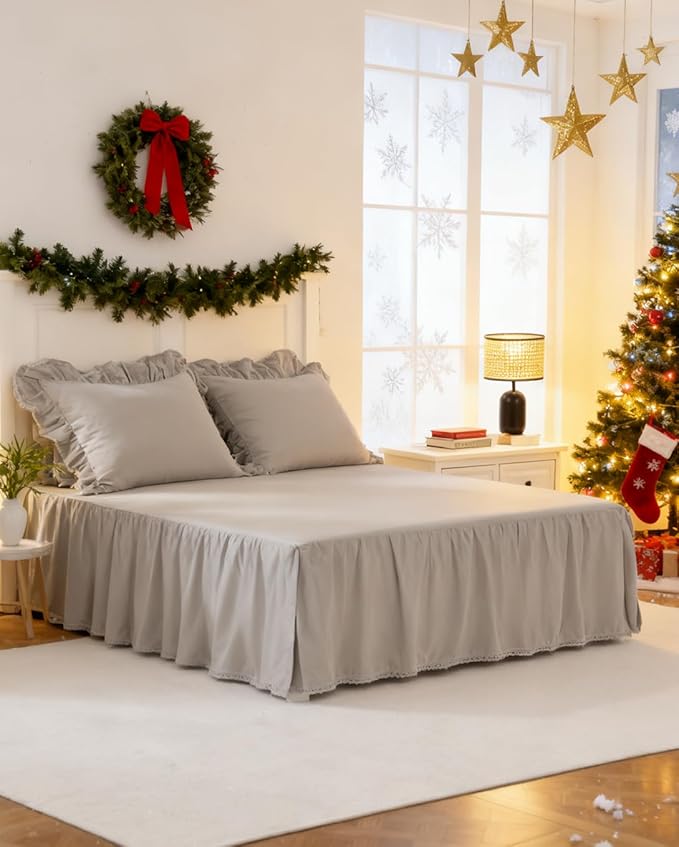 Queen Size 14 inch Drop Light Grey Dust Ruffle, 100% Lightweight Cotton Ruffled Bed Skirt, French Coutry Style, Lace Ruffled Bed Skirt with Split Corners