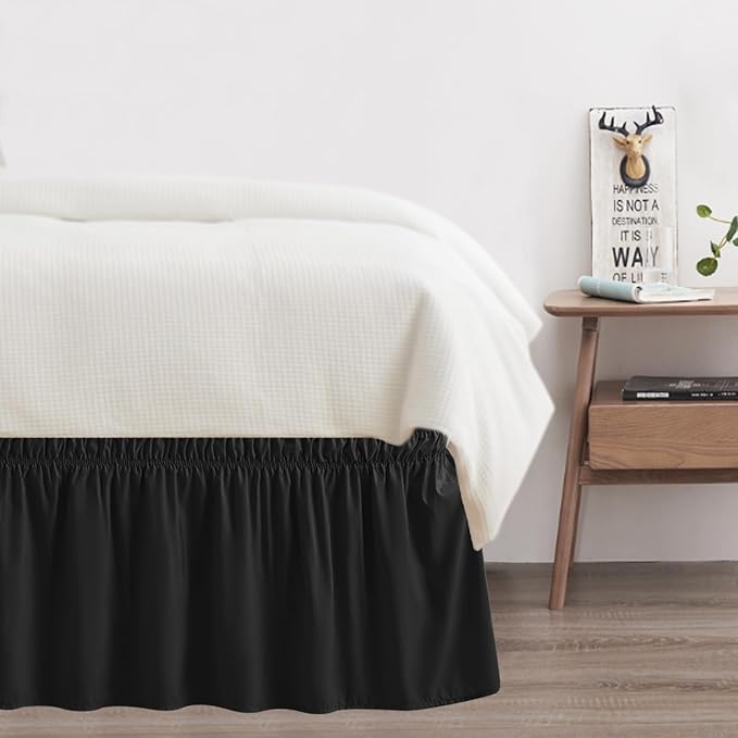 Queen Bed Skirt, Elastic Wrap Around Bed Skirt Queen Size, Bed Skirts for Adjustable Bed, Easy Fit with 18" Drop Length Tailored Drop Dust Ruffle (Black)