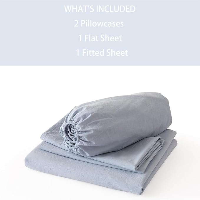 JIYUAN 100% Washed Cotton Sheet Set 4 Pieces Queen,1 Fitted Sheet,1 Flat Sheet and 2 Pillowcases,Comfy and Breathable Linen Like Bedding Set,Heathered Light Blue