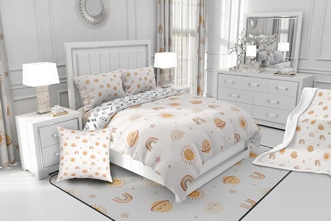 Erosebridal Girls Rainbow Comforter Set Kids Sun and Stars Quilt Queen Children Kawaii Planets Clouds Comforters & Sets Girly Cartoon Theme Bedding Set Iridescent Print Down Comforter + 2 Pillowcases
