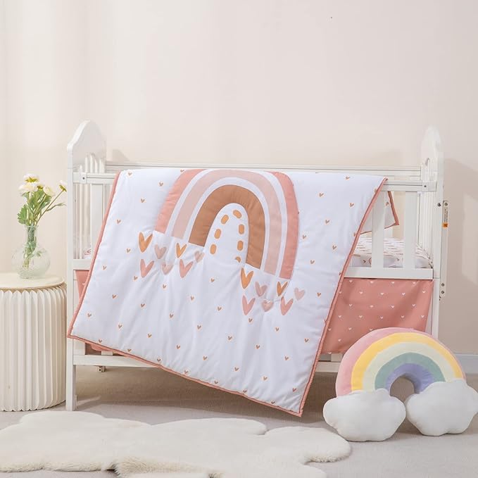 Cokouchyi 3 Piece Rainbow Boho Crib Bedding Set - Standard Size Nursery Bedding for Boys and Girls with Crib Sheet, Comforter & Crib Skirt