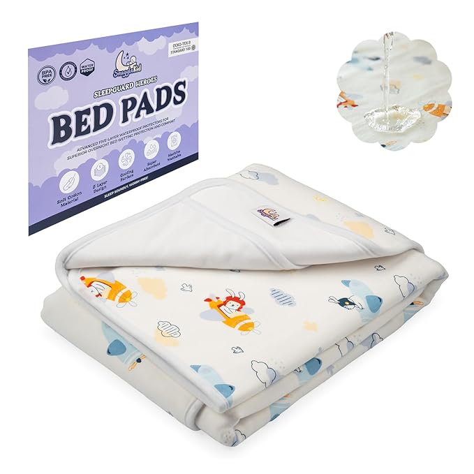 Tuckable Side Bed Wetting Pads Toddlers, Reusable Washable Waterproof Baby Potty Training Pee Pads Sheet Protector Kids, 5 Absorbent Layers, Exclusive No-Slip, 39"x 29" Fits Twin Airplane Print
