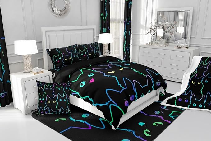 Erosebridal Teen Girl Bedding Full Size Cute Cat Kids Comforter Set Rainbow Line Cats Bedding Sets for Girls Boys Cartoon Kawaii Animal Quilt Set Reversible Black All Season,2 Pillow Cases