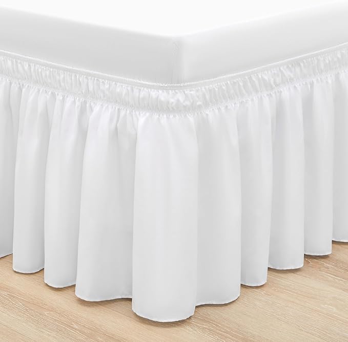 RIMELA White Bed Skirt Full Size 12 Inch Drop, Elastic Bed Skirting for Bed Base and Frame, Bedding Dust Ruffle Easy to Install, Lightweight Wrap Around Adjustable Bedskirt