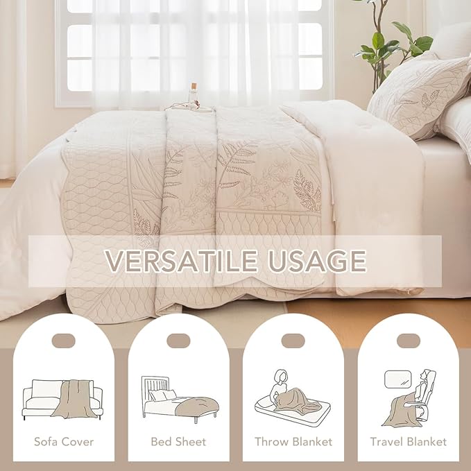 Lady Ann Oversized King Quilt Set 128x120, 3Pcs Botanical Leaves Print Bedspread Sets, Soft Lightweight Extra Large Wheat Coverlet, All-Season Bedding Comforter