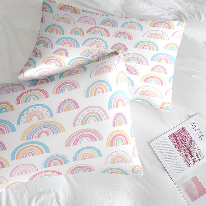 Comforter Set Full Size, Cute Cartoon Rainbow 7 Pcs Bedding for Kids and Adults, Pink Boho Nursery Bed Sheet Sets with Fitted Sheet 2 Pillowcases & 2 Shams for Bedroom Bed Decor