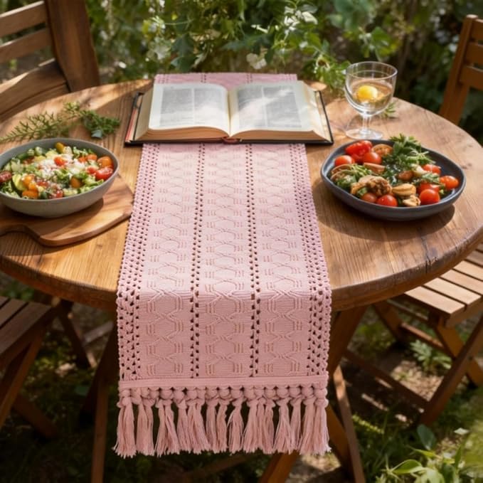 Socomi Boho Table Runner Valentine's Day Farmhouse Rustic Dining Kitchen Centerpiece Decor Small Macrame Woven Cotton Linen Coffee Table Runner for Dresser Scarf Home Decor 12x36 in Pink