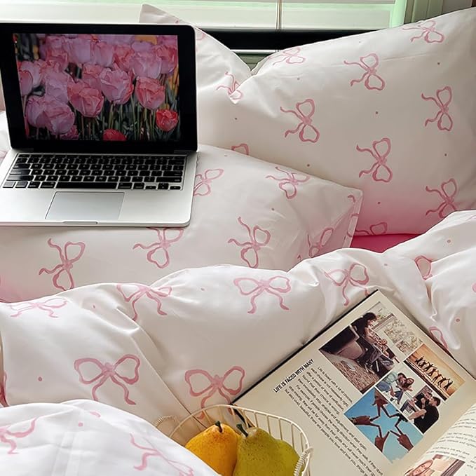 Nayoroom Pink Bow Duvet Cover Twin Size Polka Dot Bowknot Coquette Duvet Cover 2 Pieces Soft Lightweight Microfiber Girls Cute Aesthetic Dorm Bedding Set