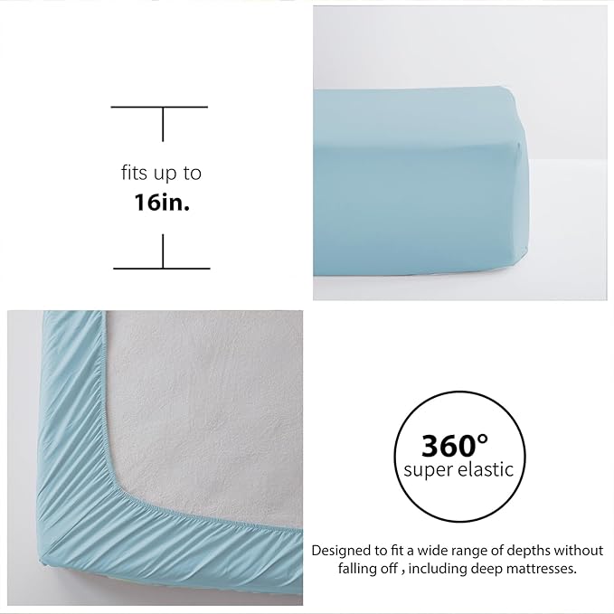 Zzlpp Queen Comforter Set 7 Pieces, Light Blue Seersucker Bed in a Bag with Comforter, Pillow Shams, Pillowcases, Flat Sheet, Fitted Sheet
