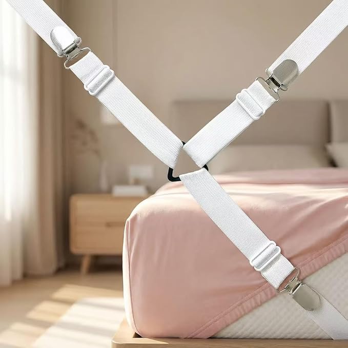 Bed Sheet Straps - Adjustable Sheet Suspenders for Queen King Twin Mattress, Elastic Mattress Straps for Sheets with Metal Clips, 4PCS Triangle Sheet Fasteners (White)