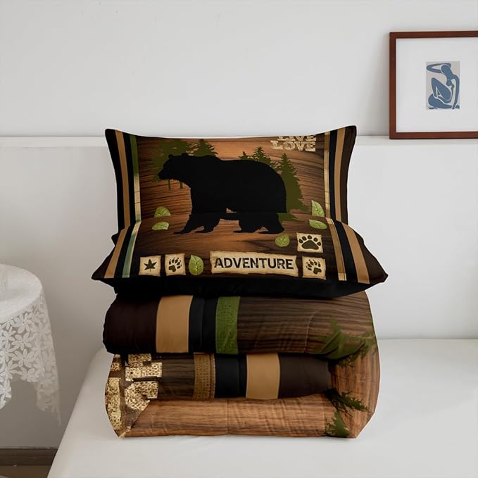 Feelyou Twin Size Rustic Bear Bedding Set Wildlife Hunting Comforter Set Bear and Paw Comforter for Kids Boys Girls Cabin Duvet Insert Kids Bedroom Decor 2Pcs